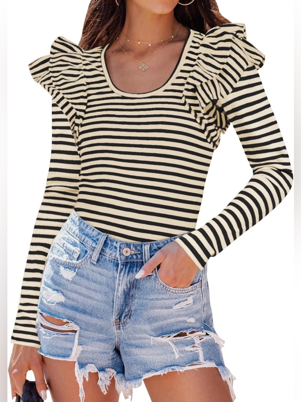 Black & Cream Striped Ruffle-Shoulder Long Sleeve Top